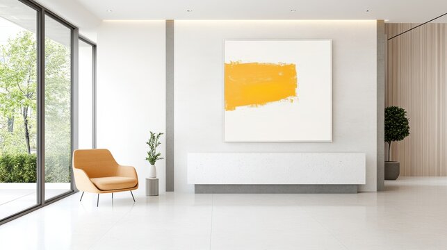 A modern, minimalist interior featuring bright yellow art, sleek furniture, and large windows allowing natural light.