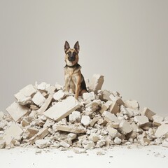 A German Shepherd sits on top of a pile of rubble against a plain background.