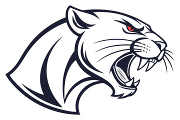 Intimidating panther head with red eyes is fiercely roaring, prominently outlined in navy