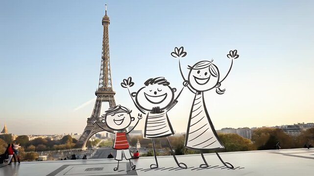 Joyful Stick Figure Family Celebrates near Eiffel Tower in Paris Under Clear Sky Adventure Theme