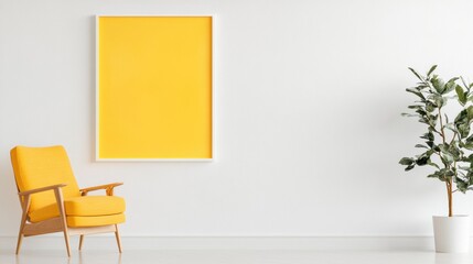 A modern living space featuring a bright yellow frame on the wall and a stylish chair next to a leafy plant, perfect for inspiration.