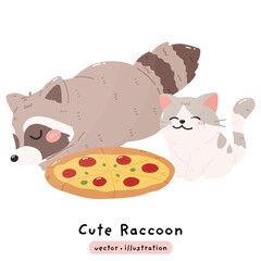 Sleepy Cute Raccoon and cat with the whole pizza cartoon vector illustration