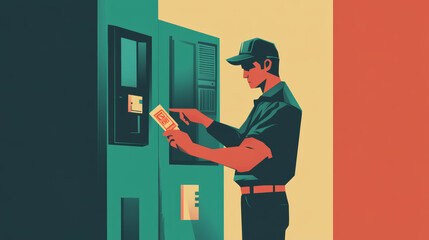 Minimalist illustration of a worker clocking in with a time card, highlighting punctuality, workplace routine, and employee time tracking in a clean, modern style.