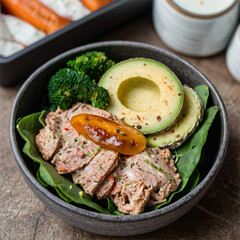 meat with avocado and vegetables