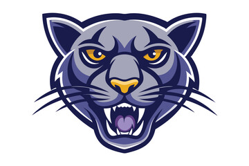 Furious gray panther head with golden eyes and bared teeth on a white background