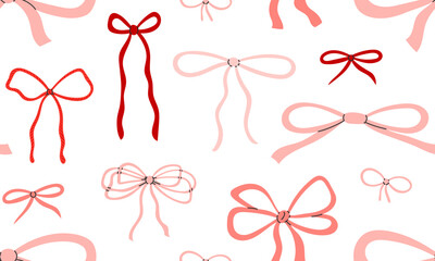 Seamless pattern with cute  pink bows. Gift coquette ribbons background. Modern bow design for print, textile, wrapping paper, fashion, fabric, wallpaper, cover. Hand drawn flat vector illustration