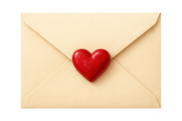 Beige love letter sealed with a red wax heart, isolated on transparent background, expressing affection and romance