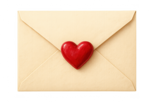 Beige love letter sealed with a red wax heart, isolated on transparent background, expressing affection and romance