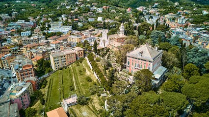 Fototapeta premium Italy. Historic Villas and Gardens of Santa Margherita Ligure Overlooking Town Hills. Drone view