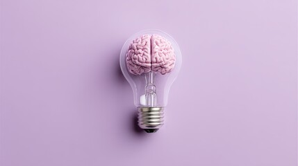 Ultra quality image of light bulb with human brain model inside on isolated pastel purple background. Top view, minimal flat lay. Concept of creative ideas, innovation, invention.