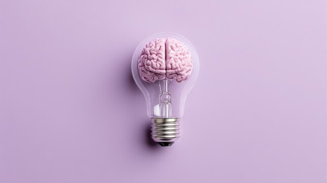 Ultra quality image of light bulb with human brain model inside on isolated pastel purple background. Top view, minimal flat lay. Concept of creative ideas, innovation, invention.
