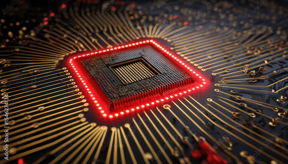 Poster illuminated circuit board with central processing unit symbolizing advanced technology