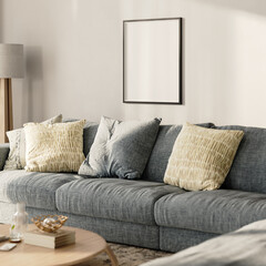 blank frame mock-up in modern living room interior, 3d render