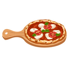 Margherita pizza with tomatoes, mozzarella and basil on wooden board. Vector cartoon illustration of Italian food art for restaurant, menu design, packaging, branding, culinary content
