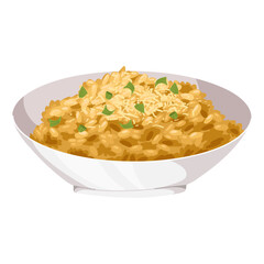 Italian classic risotto with Parmigiano Reggiano cheese and shallot. Isolated vector hand drawn illustration for restaurant, menu, packaging, cooking projects, stickers, culinary