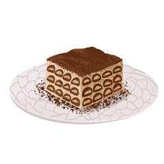Vector illustration of tiramisu dessert on a plate. Hand drawn sliced Italian sweet food for cafe menu, food packaging, Italian cuisine design, branding, bakery visuals, stickers