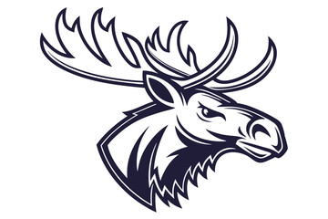 Powerful dark blue moose head features imposing antlers and fierce expression on a white backdrop