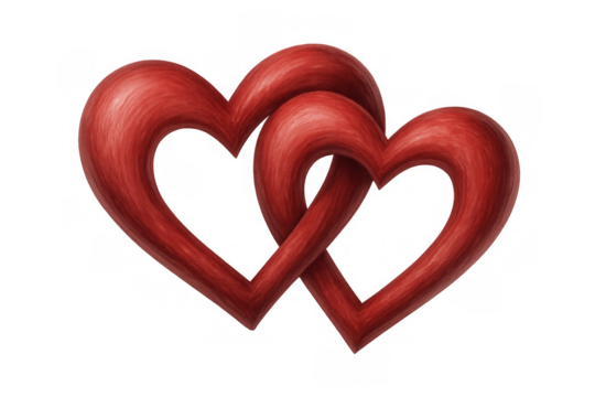 Wooden red hearts entwining, representing romantic bond and emotional connection, silhouetted on pure transparency - Powered by Adobe