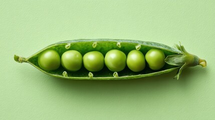 Ultra quality image of minimal scene with fresh green peas in open pod isolated on pastel green background. Source of proteins, antioxidants, vitamin k, a, fiber. Concept of healthy.