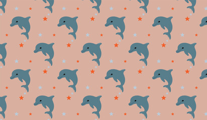Pattern with dolphins and stars, cute pattern with different dolphins. illustration for fabric, wallpaper, textile, paper, baby paper.
