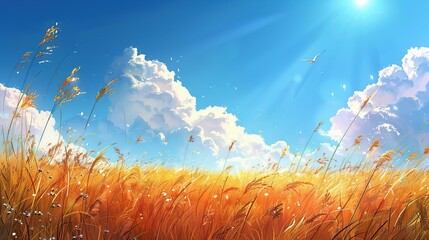 Blue heaven image with soft white clouds and birds in motion