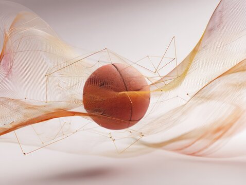 Conceptual digital art featuring a peach encapsulated in a geometric wireframe structure