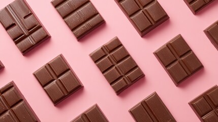 Fototapeta premium Ultra quality image of pattern made of chocolate bars isolated on pastel pink background. Top view. Minimal flat lay. Natural texture. Concept of mood booster, sweet food rich in.