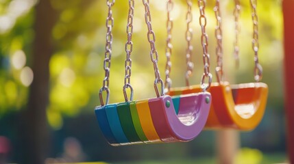 Colorful Swing Set in Sunny Park with Bright Green Background and Soft Focus Effect