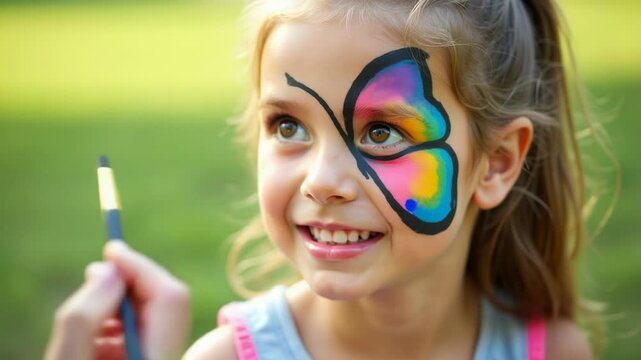 Colorful butterfly face paint transforms a girl's smile in a cheerful outdoor setting