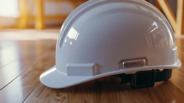White hard hat on wood floor safety construction work protection industry