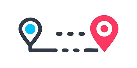 A graphic showing a route between two location pin icons on a white background with a dashed line