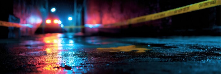 Night scene with police line, wet street reflection and blurred car lights in the city