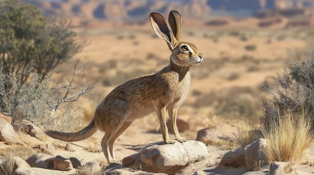 Full-body portrait of an African Springhare (Pedetes) in its natural habitat
