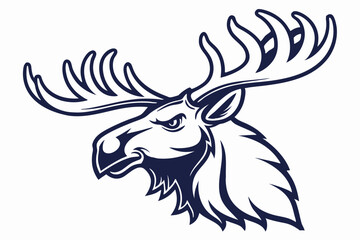 Majestic moose head outlined in dark navy blue displays impressive antlers on a white backdrop