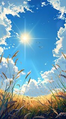 Tranquil morning sky view with sunlight and flying birds visible