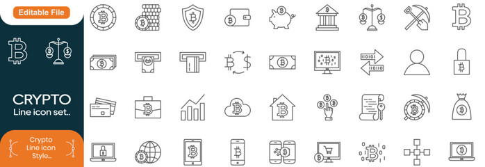 Crypto  currency editable stroke icon set . Linear style icons pack. Crypto technology and Blockchain icons for web and mobile app. Line icon set