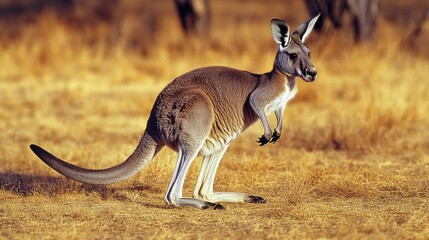 Full body of a Western Grey Kangaroo (Macropus fuliginosus), standing or mid-hop across open Australian scrubland