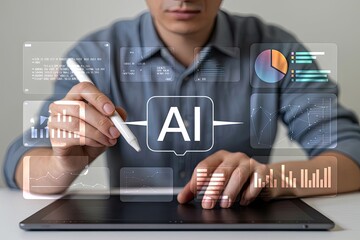 Businessman using digital tablet analyzing data with ai interface showing charts and graphs