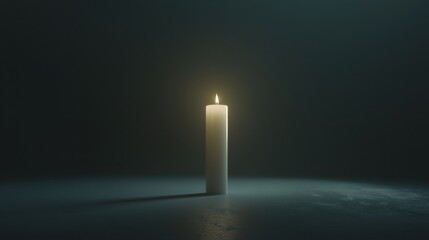 A single lit candle stands alone in a dark, empty space, casting a soft glow and gentle shadow around it.