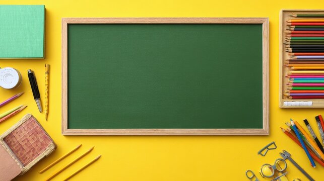 Ultra quality image of green chalkboard and school supplies on yellow background. Education and learning concept.