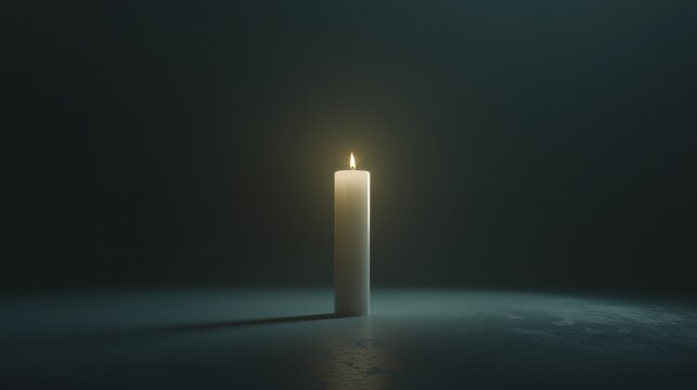 A single lit candle stands alone in a dark, empty space, casting a soft glow and gentle shadow around it. - Powered by Adobe