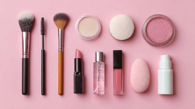 Ultra quality image of flat lay makeup and beauty products on a pink background. Top view brushes, mascara, lip gloss, sponge, and skincare essentials.