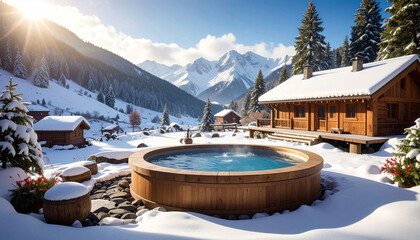 Sun-drenched snowy mountain valley scene featuring a rustic wooden hot tub outside a charming chalet, surrounded by snow-covered landscape and distant peaks
