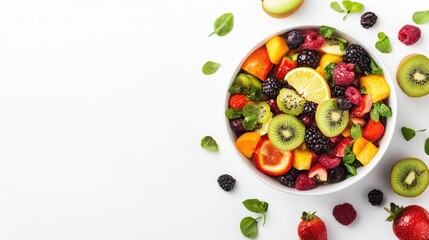 Fresh mixed fruit salad in a bowl isolated on white background