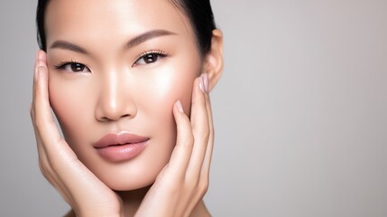 Obraz premium Portrait of a young Asian woman with flawless skin and natural makeup, glowing under soft natural light, representing beauty, skincare, and healthy self-care lifestyle