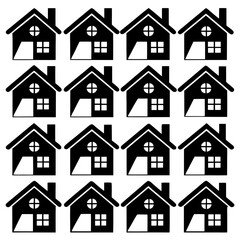 A set of 16 black and white house icons arranged in a grid of 16 rows and 16 columns on a plain white background. The icons are simple and minimalistic in design, with a simple, minimalist style. each