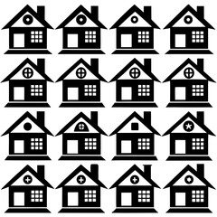 A set of 16 black and white house icons arranged in a grid of 16 rows and 16 columns on a plain white background. The icons are simple and minimalistic in design, with a simple, minimalist style. each