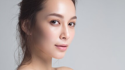 Obraz premium Portrait of a young Asian woman with flawless skin and natural makeup, glowing under soft natural light, representing beauty, skincare, and healthy self-care lifestyle