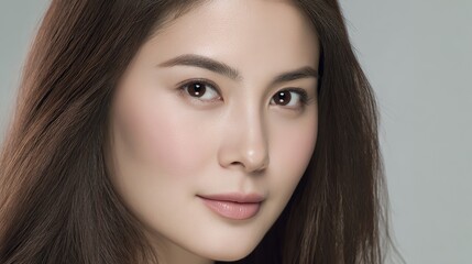Naklejka premium Portrait of a young Asian woman with flawless skin and natural makeup, glowing under soft natural light, representing beauty, skincare, and healthy self-care lifestyle