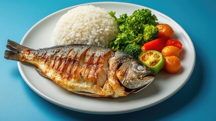 food beauty photography , a food plate consisting of a fish , white rice, boiled veggies 